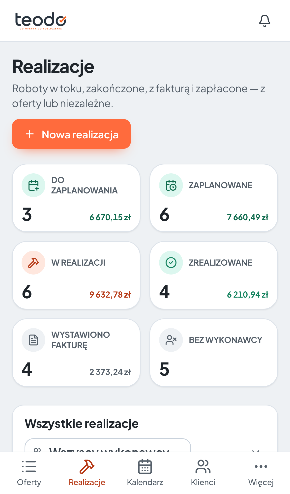 Ekran zlecenia teodo na telefonie