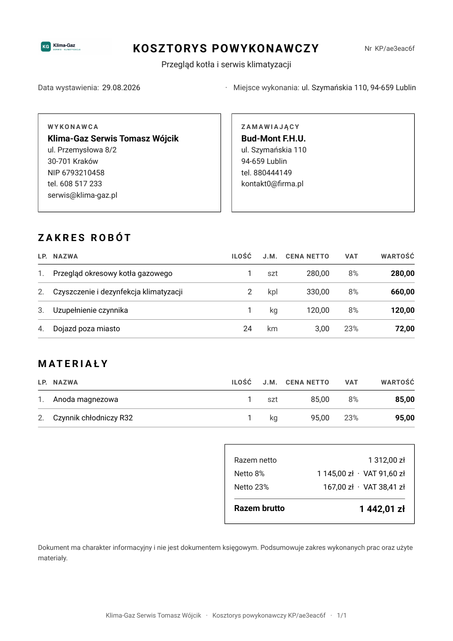 Kosztorys powykonawczy serwisu z cenami i podsumowaniem VAT