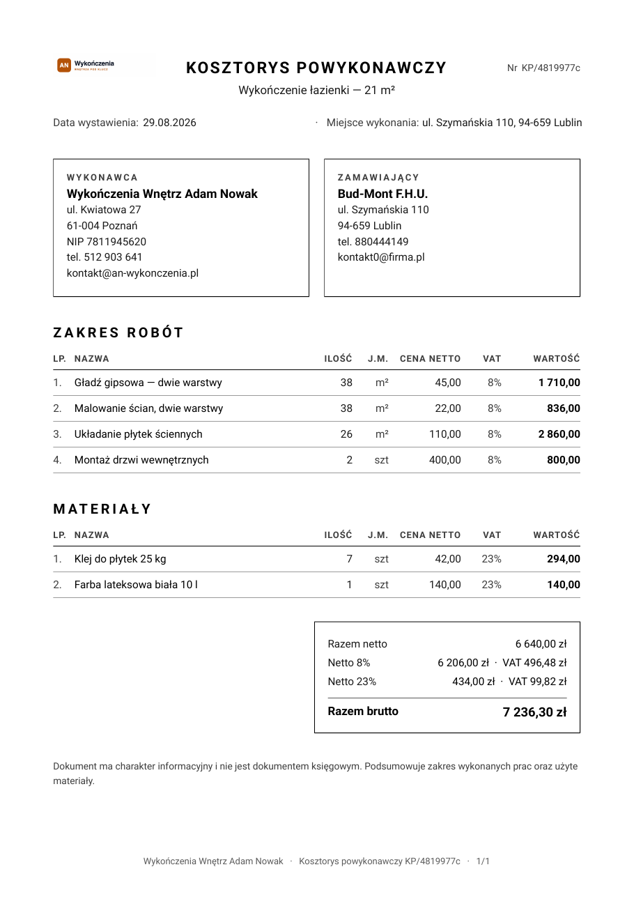 Kosztorys powykonawczy wykończenia z cenami i podsumowaniem VAT