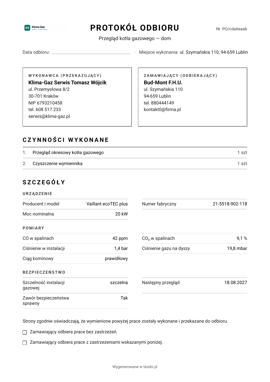 Protokół przeglądu kotła gazowego z analizą spalin i ciśnieniem gazu