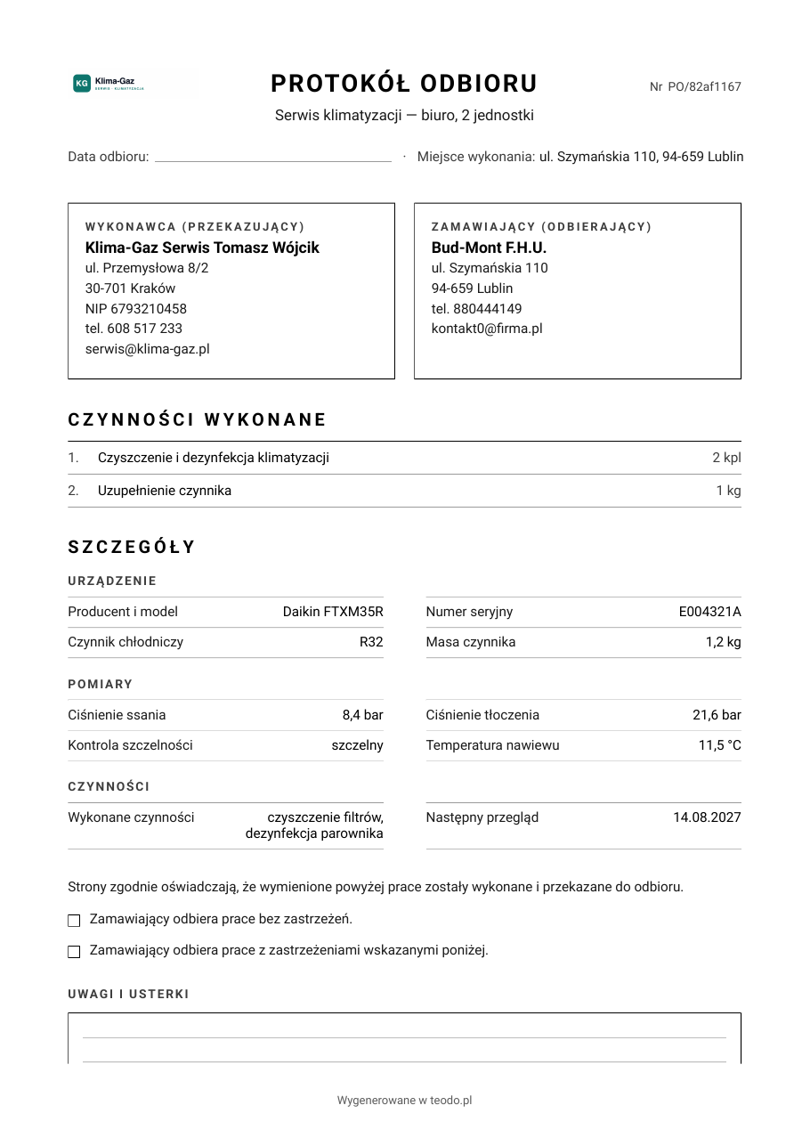 Protokół serwisu klimatyzacji z pomiarami