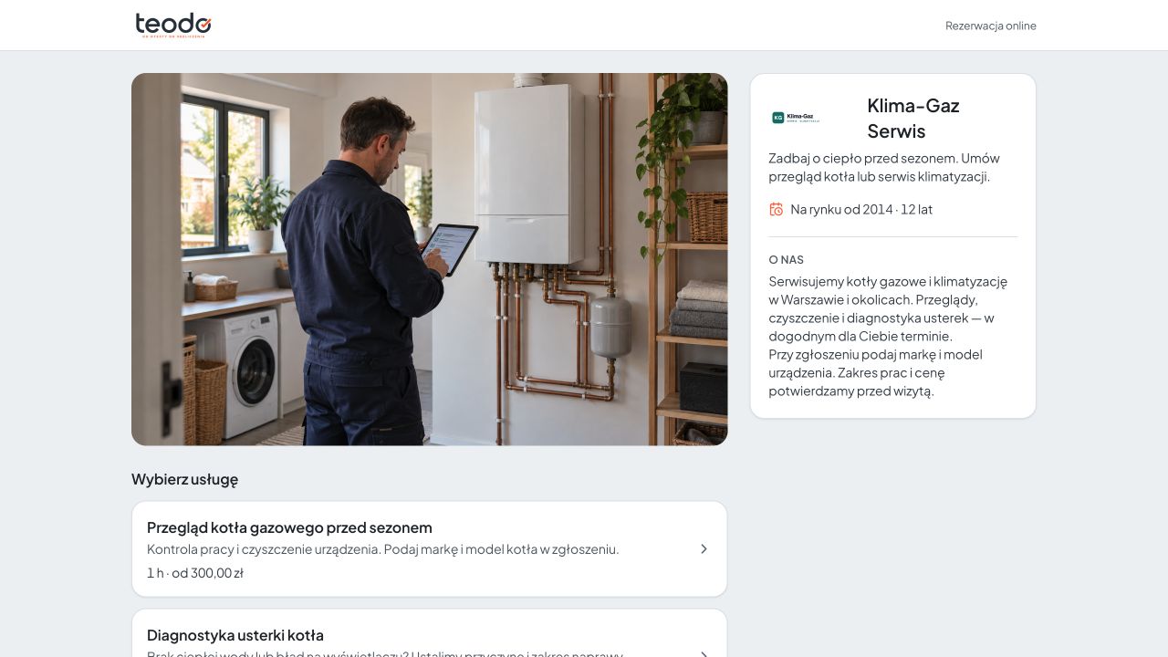 Wypełniona wizytówka Klima-Gaz Serwis: zdjęcie serwisanta przy kotle, logo, opis firmy i lista usług do rezerwacji