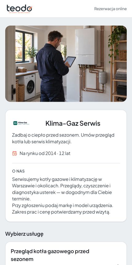 Wizytówka Klima-Gaz Serwis na telefonie: zdjęcie, informacje o firmie i wybór usługi