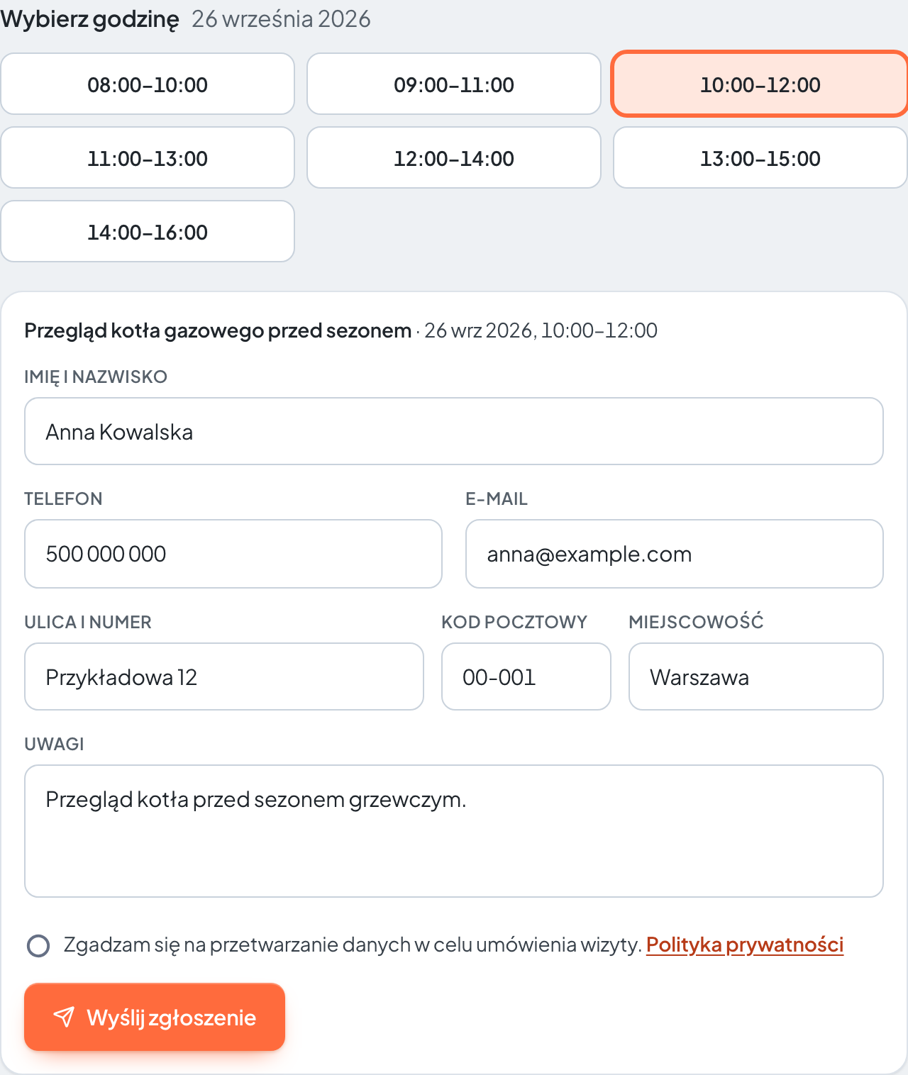 Wybór godziny wizyty i formularz danych klienta na stronie rezerwacji